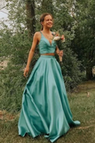 Simple A Line Two Pieces V Neck Satin Prom Dresses, Cheap Formal Dress