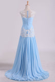 2024 Prom Dress Bateau Neckline Pleated Bodice Pick Up Chiffon Skirt With Applique