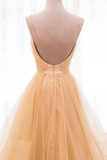 Spaghetti Straps V Neck Sparky Long Prom Dress, Backless Pleated Tulle Party Dresses
