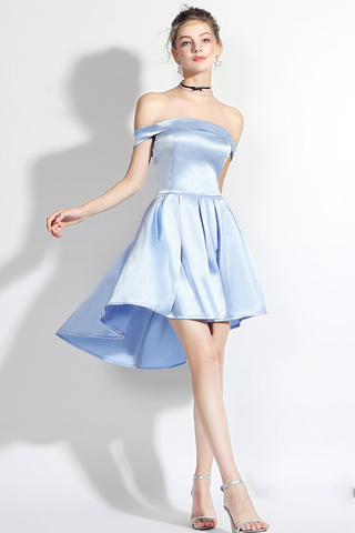 High Low Off-The-Shoulder Light Sky Ashtyn Satin Homecoming Dresses Blue
