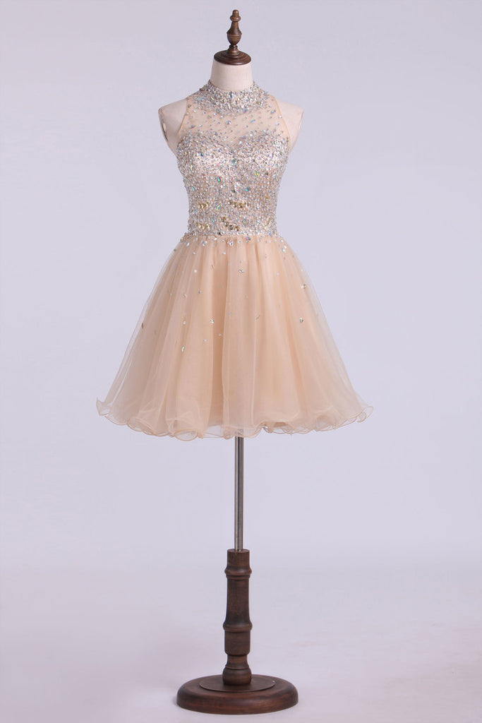 2024 High Neck Homecoming Dresses A-Line Short Beaded Bodice Tulle