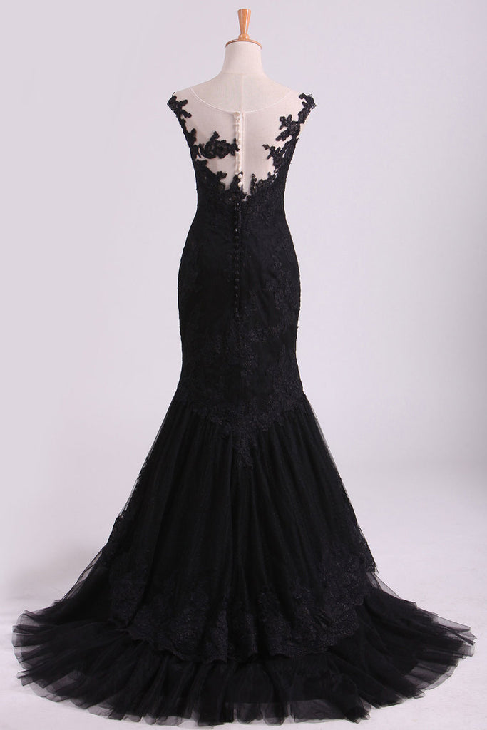 2024 Mermaid Evening Dresses Bateau Tulle With Applique Sweep Train Color Black