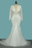 2024 Scoop Long Sleeves Sheath Wedding Dresses Tulle & Lace With Applique Sweep Train