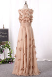 2024 Prom Dresses Scoop A Line With Handmade Flower And Ruffles Floor Length
