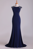 2024 New Arrival Scoop Evening Dresses Cap Sleeves Chiffon Sheath With Applique