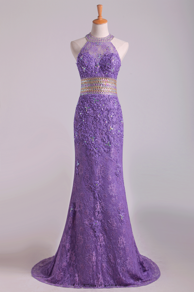 2024 Popular Mermaid High Neck Prom Dresses Lace With Beads Sweep Train Purple