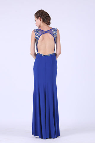 2024 Sexy Open Back Prom Dresses Scoop Beaded Bodice Spandex