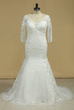 2024 New Arrival V Neck 3/4 Length Sleeves Mermaid Lace Wedding Dresses