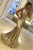 2024 New Arrival High Neck Sequins Mermaid/Trumpet Prom Dresses Sweep/Brush Train