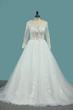 2024 Scoop Long Sleeves Tulle Wedding Dresses With Applique Chapel Train