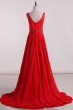 2024 A Line V Neck Prom Dresses Chiffon With Beading Sweep Train