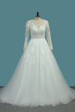 2024 Long Sleeves Scoop Tulle A Line Wedding Dresses With Applique Court Train