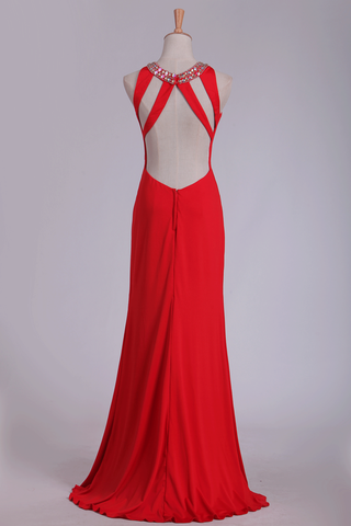 2024 Sexy Open Back Prom Dresses Scoop Spandex With Beads And Slit Sheath