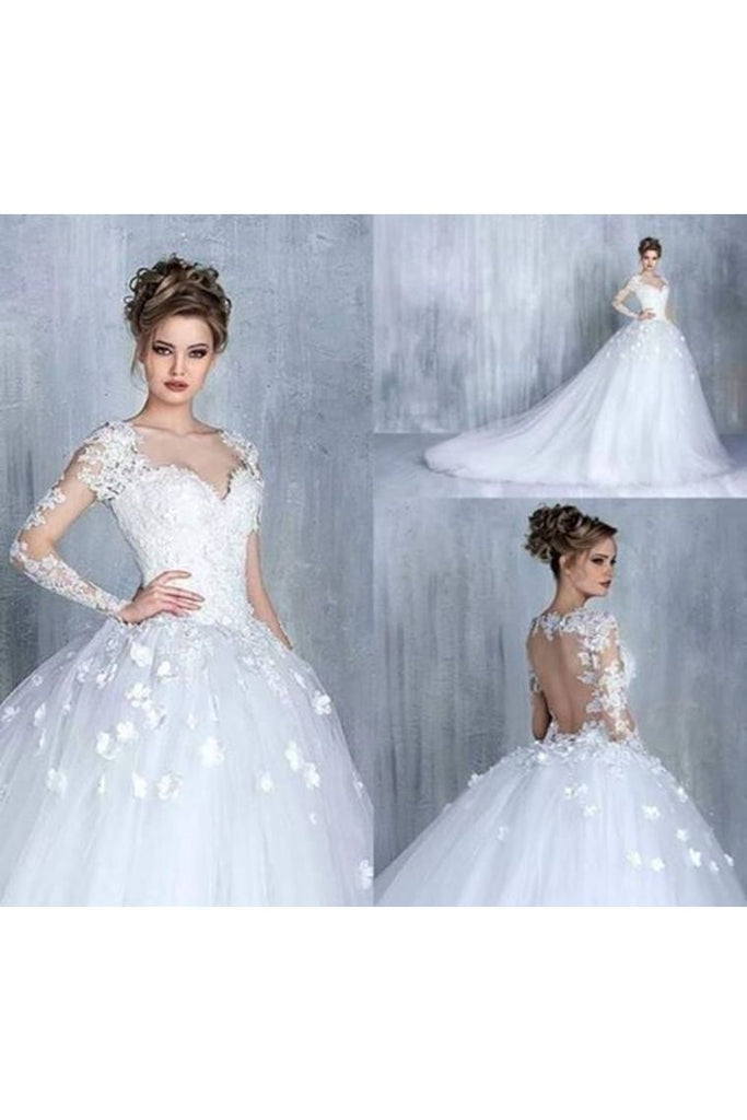 A Line Sweetheart Long Sleeves Cheap Tulle Wedding Dresses With Appliques