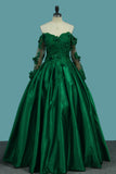 2024 Off The Shoulder Long Sleeves Prom Dresses A-Line Satin With Applique And Beads