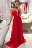 Deep V-Neck Pretty Red Long Lace Chiffon Charming Prom Dresses