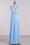 2024 V Neck Prom Dresses A Line Backless Floor Length With Beading And Ruffles