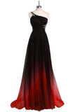 One Shoulder Black And Red Long Ombre Chiffon Beading Open Back Prom Dresses