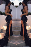 Sexy Black Sequin Shiny Long Front Split Open Back Prom Dresses Prom Gowns