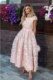 Prom Dresses Short Sleeves Tulle Appliques Scoop Ankle Length