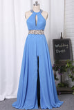 2024 Halter Open Back Prom Dresses A Line Chiffon With Beads And Slit