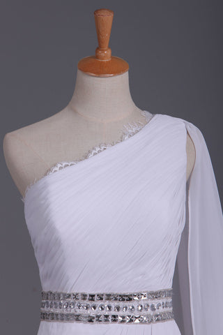 2024 White Prom Dress One Shoulder Pleated Bodice Sheath Beaded Waistline Chiffon Court Train