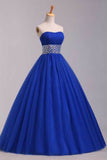 2024 Prom Dress Strapless Dark Royal Blue A Line/Princess Pick Up Tulle Skirt Beaded Waistline