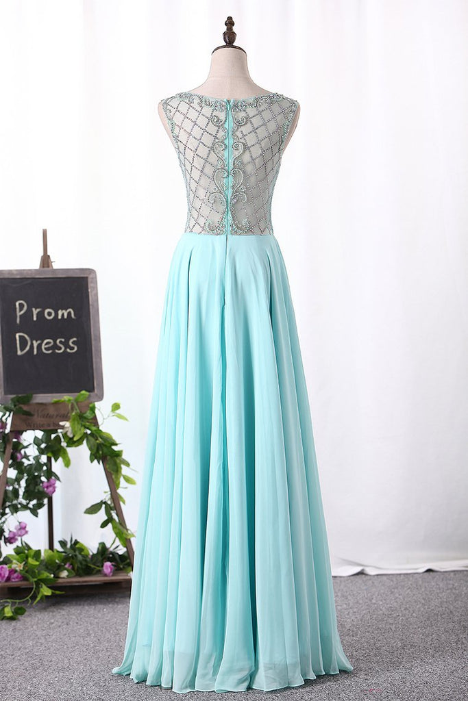 2024 Scoop Chiffon Prom Dresses A Line With Beads Bodice Floor Length