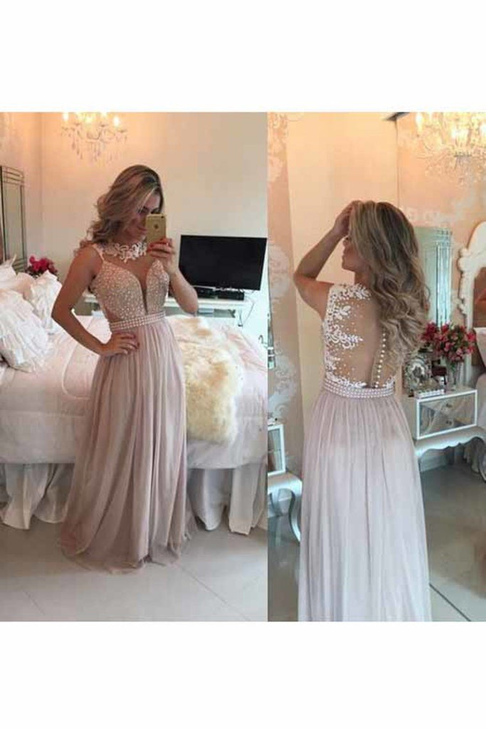 2024 New Arrival Scoop Beaded Bodice Chiffon A Line Prom Dresses