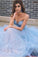 Light Blue Sweetheart Lace Tulle Open Back Flowy Prom Dresses