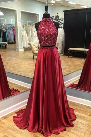 2024 Two Pieces Satin Prom Dresses With Beaded Bodice Sweep Train