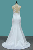 2024 Satin Mermaid Scoop Court Train Detachable Wedding Dresses With Applique
