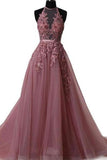 Prom Dresses Appliques Lace Up Back Sweep Train Tulle Beads
