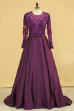Grape Prom Dresses Scoop A Line Satin Long Sleeves With Pocket