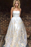 2024 New Arrival Strapless A Line Wedding Dresses Satin With Detachable Skirt Appliques