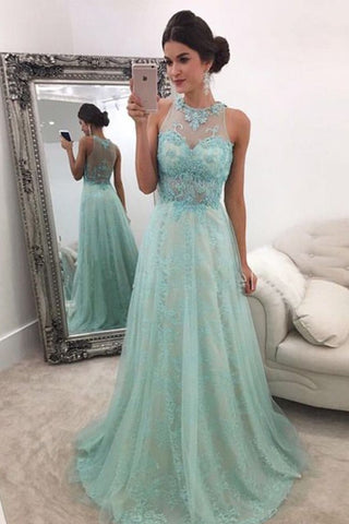 2024 New Arrival Scoop Neck Lace A-Line Prom Dresses With Sweep Train Zipper Up