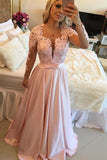 2024 Long Sleeves Scoop Prom Dresses A Line Satin With Applique And Beads