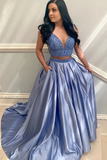 Two Piece V Neck Satin Beaded Prom Dress Evening Dress With Pockets