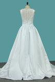 2024 Scoop Satin A Line Wedding Dresses With Bow Knot Sweep Train