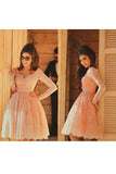 2024 Lace Homecoming Dresses A Line V Neck Long Sleeves With Handmade Flowers