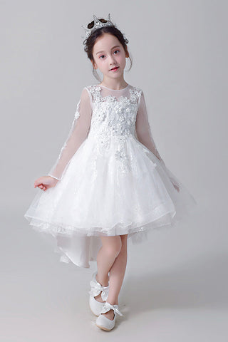 Round Neck Long sleeves Appliques With Beaded High Low Flower Girl Dresses