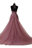 Prom Dresses Appliques Lace Up Back Sweep Train Tulle Beads