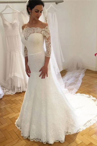 Unique Mermaid Off The Shoulder Lace 3/4 Sleeves Wedding Dresses, Wedding Gowns
