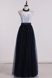 2024 Halter With Beading A Line Prom Dresses Tulle & Lace Floor Length