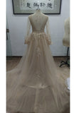 Princess Long Sleeves Lace Appliques V Neck Tulle Wedding Dresses, Beach Wedding Gowns