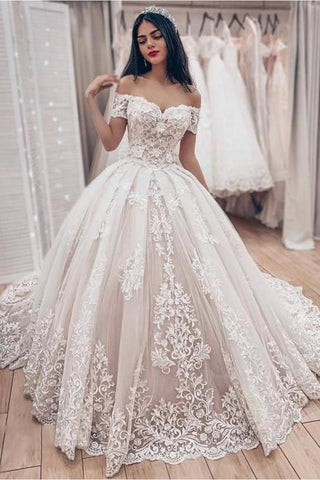 Ball Gown Off The Shoulder Wedding Dress With Lace Appliques, Gorgeous Bridal Dress