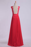 2024 V Neck Prom Dress Appliqued Bodice Ruched Waistband Flowing Chiffon Skirt