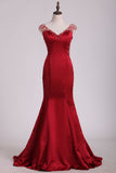 2024 Mermaid/Rumpet Prom Dresses V Neck With Beading Floor Length Satin