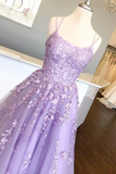 Spaghetti Straps Floor Length Prom Dress With Appliques, Long Evening Dress Lace Up Back