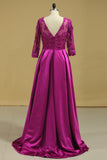 2024 Plus Size V Neck A Line Mother Of The Bride Dresses Satin With Applique & Beads 3/4 Length Sleeves